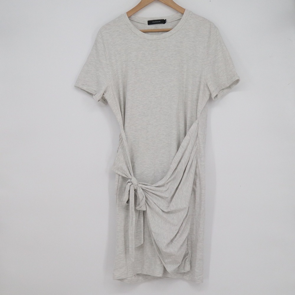 Fashion Womens XL Heather Gray Side Tie Knot T-Shirt Dress Short Sleeve Mini
